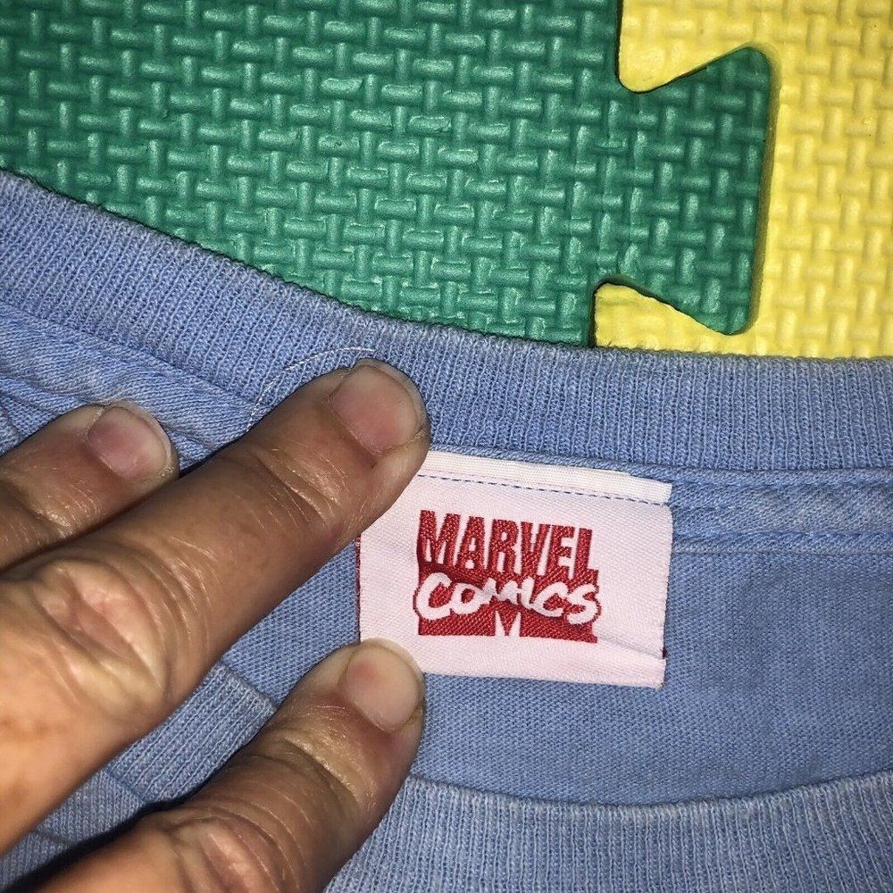 Y2K Marvel Captain America Hulk Thor Spiderman Iron Man Faded Blue T-shirt Sz L - Picture 4 of 9